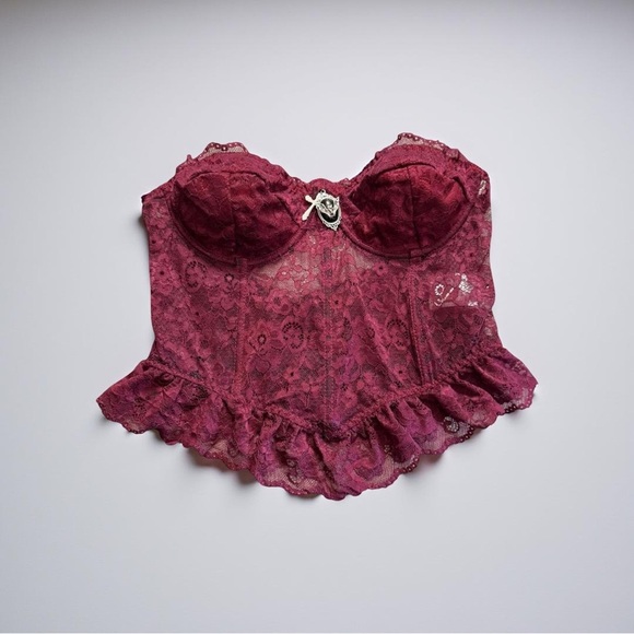 Tops - Lace Bustier in Rich Burgundy with Bat & Cross Pendant